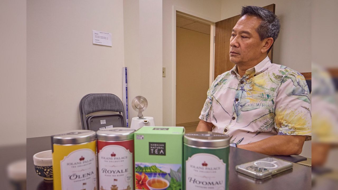 Byron Goo of Tea Chest Hawaiʻi sells 100% māmaki tea as well as varieties mixed with other leaves like mint. He said language in a bill awaiting Gov. Josh Green’s signature “can break companies.” (Honolulu Civil Beat/David Croxford)