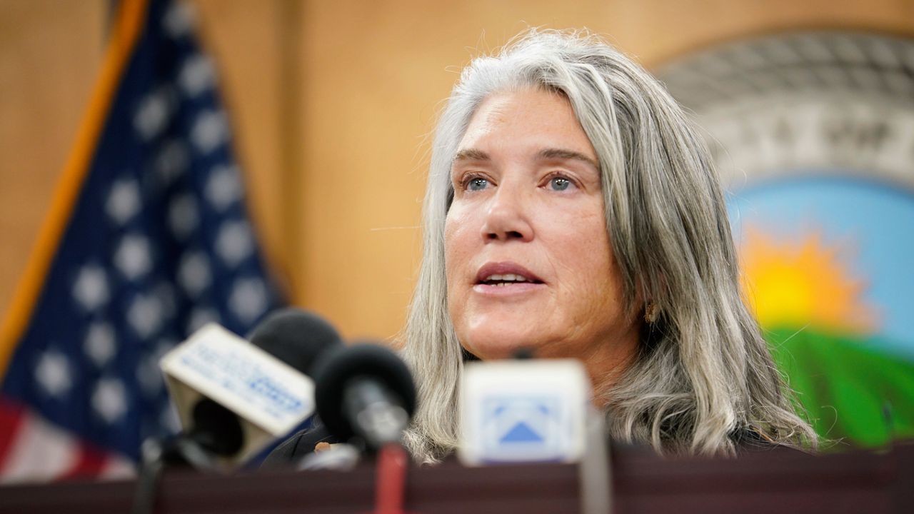 Maui County Corporation Counsel Victoria Takayesu addresses the lawsuit against HECO during a press conference Friday, Aug. 25, 2023, in Wailuku. (Honolulu Civil Beat/Kevin Fujii)