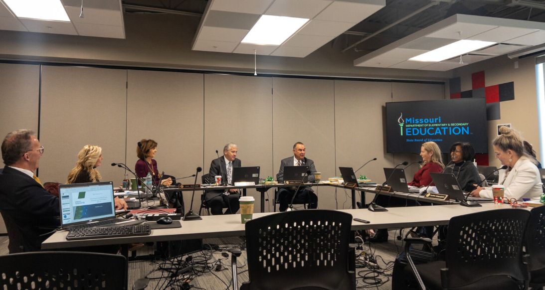 Missouri Gov. Mike Kehoe stops by the State Board of Education's December meeting, before he was officially sworn into office this month (Annelise Hanshaw/Missouri Independent).