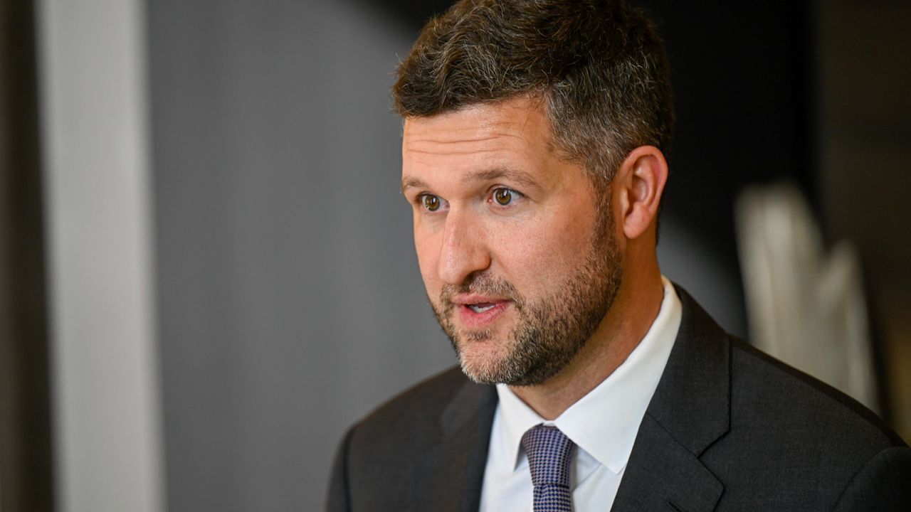 Rep. Pat Ryan, D-N.Y., speaks to reporters at the National Purple Heart Museum in New Windsor, N.Y. Wednesday, Nov. 2, 2022 (AP Photo/Hans Pennink)