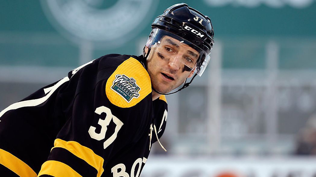 Patrice Bergeron at Fenway Park during the 2023 Winter Classic. (AP Photo)