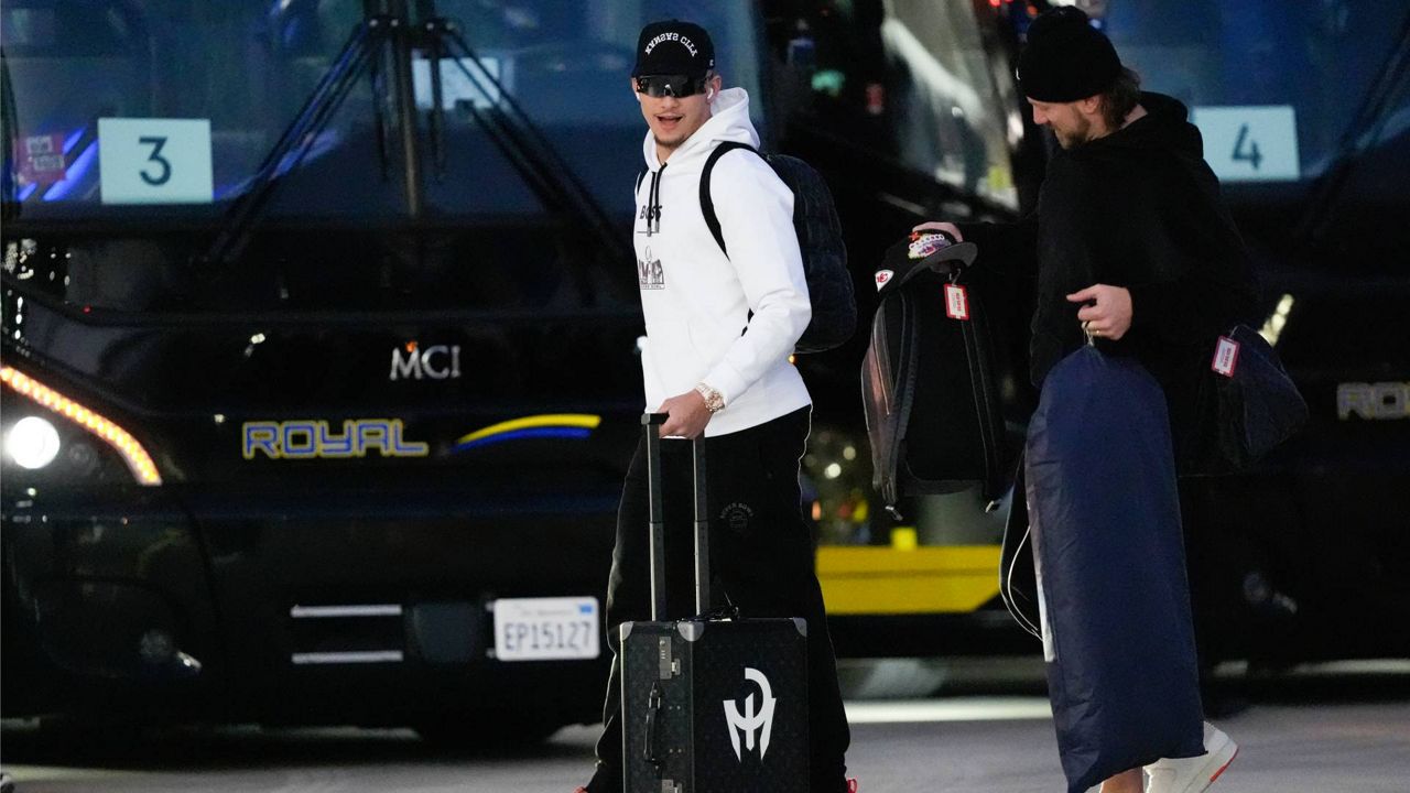 Kansas City Chiefs quarterback Patrick Mahomes arrives ahead of the NFL Super Bowl 58 football game Sunday in Las Vegas. (AP Photo/David J. Phillip)