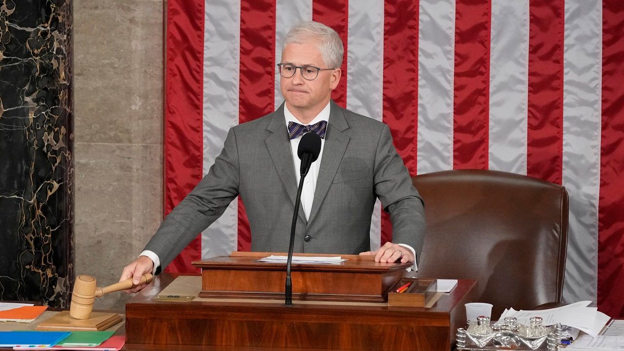 Temporary House leader Rep. Patrick McHenry, R-N.C., gavels the House into recess as he announces there was no winner for House speaker in the first ballot, as Republicans try to elect Rep. Jim Jordan, R-Ohio, to be the new House speaker, at the Capitol in Washington, Tuesday, Oct. 17, 2023. (AP Photo/Alex Brandon)