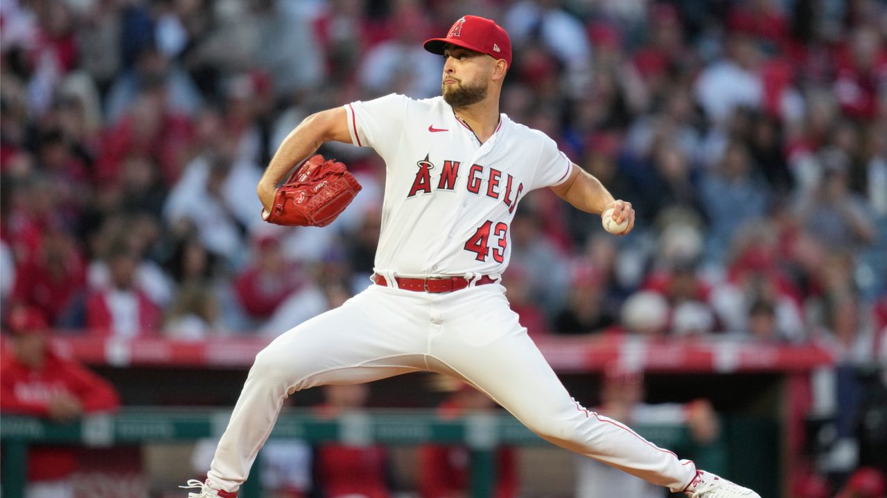 Los Angeles Angels starting pitcher Patrick Sandoval (43) throws during the first inning of a baseball game against the Toronto Blue Jays in Anaheim, Calif., Friday, April 7, 2023. (AP Photo/Ashley Landis)