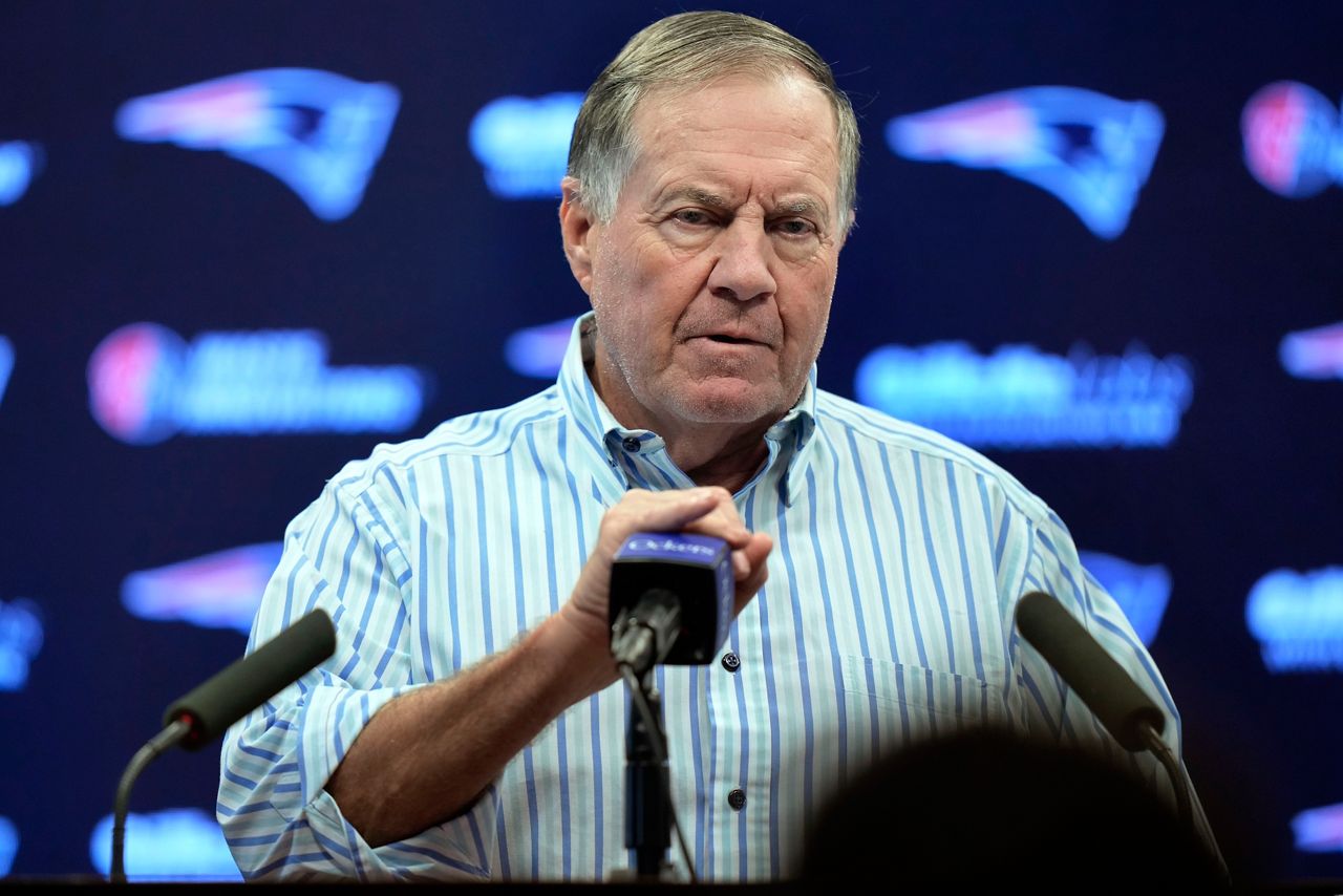 New England Patriots head coach Bill Belichick speaks to reporters