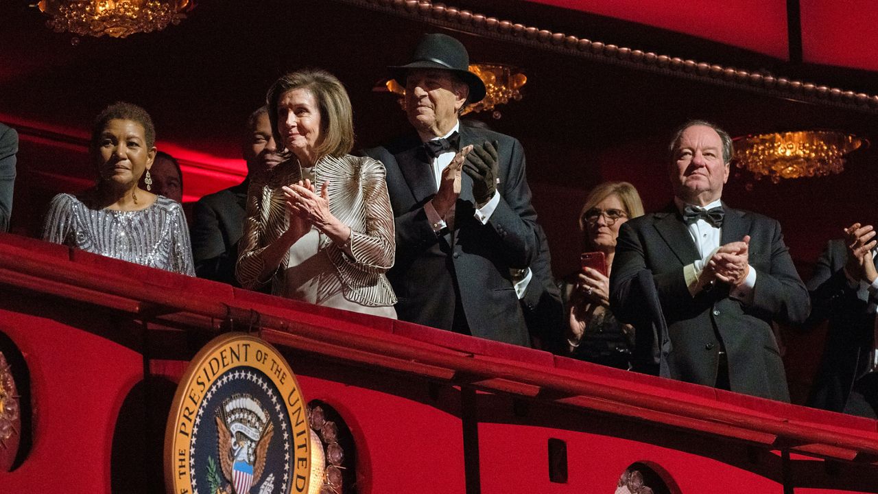 House Speaker Nancy Pelosi of Calif., and her husband Paul Pelosi attend the 45th Kennedy Center Honors at the John F. Kennedy Center for the Performing Arts in Washington, Sunday, Dec. 4, 2022. (AP Photo/Manuel Balce Ceneta)
