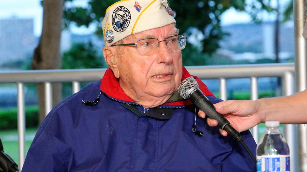Pearl Harbor survivor Herb Elfring speaks at a news conference in Pearl Harbor, Hawaii on Sunday, Dec. 5, 2021. A few dozen survivors of Pearl Harbor are expected to gather Tuesday, Dec. 7 at the site of the Japanese bombing 80 years ago to remember those killed in the attack that launched the U.S. into World War II. (AP Photo/Audrey McAvoy)