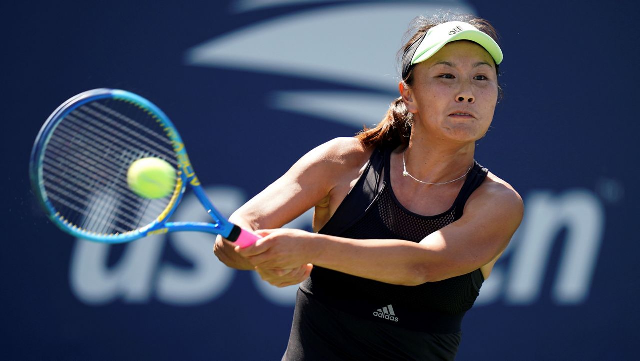 Peng Shuai, of China, returns a shot to Maria Sakkari, of Greece, during the second round of the US Open tennis championships on Aug. 29, 2019, in New York. (AP Photo/Michael Owens, File)