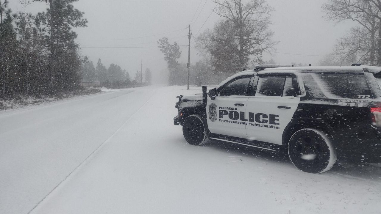 The Pensacola Police Department shared this photo of a blanket of snow covering the roadway on Jan, 21, 2025. (Pensacola Police Department)