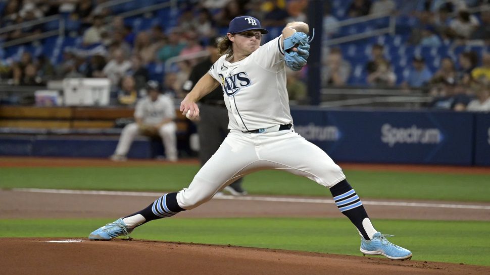 Tampa Bay Rays starter Ryan Pepiot pitches against the Texas Rangers during first the inning of a baseball game Monday, April 1, 2024, in St. Petersburg, Fla. (AP Photo/Steve Nesius)