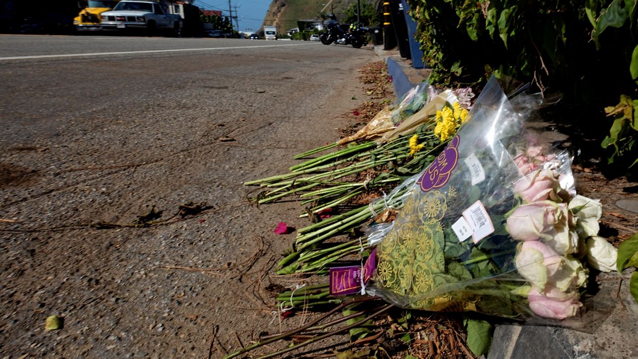 Flowers are placed along along the Pacific Coast Highway, after a crash that killed four college students and injured two others, in Malibu, Calif. on Thursday, Oct. 19, 2023. Officials say police have arrested a 22-year-old driver on suspicion of manslaughter. Sheriff's officials say six pedestrians were struck at about 8:30 p.m. Tuesday along Pacific Coast Highway, a few miles east of Pepperdine University. (AP Photo/Richard Vogel)