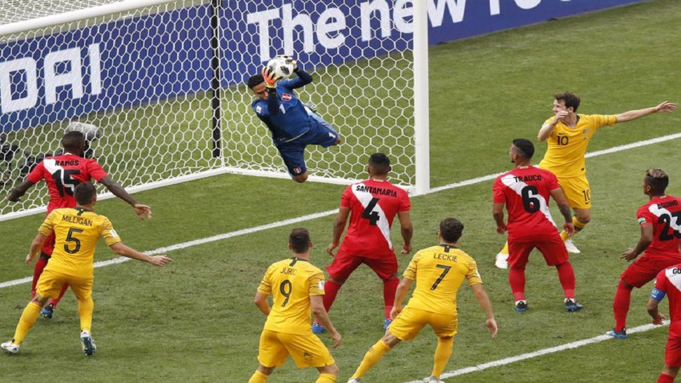 Peru goalkeeper Pedro Gallese catches the ball during the group C match between Australia and Peru, at the 2018 soccer World Cup in the Fisht Stadium in Sochi, Russia, Tuesday, June 26, 2018. (AP Photo/Efrem Lukatsky)