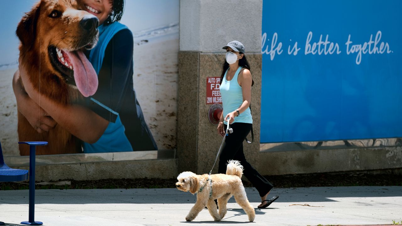 A woman wearing a protective mask for protection from the new coronavirus walks her dog in a popular shopping area in Santa Monica, Calif., on Saturday, May 9, 2020. Los Angeles County permitted the reopening of trails and golf courses but with social distancing restrictions. Weekend shoppers can visit bookstores, as well as stores for jewelry, toys, clothing, shoes, home supplies and furnishing, sporting goods, antiques and music. (AP Photo/Richard Vogel)