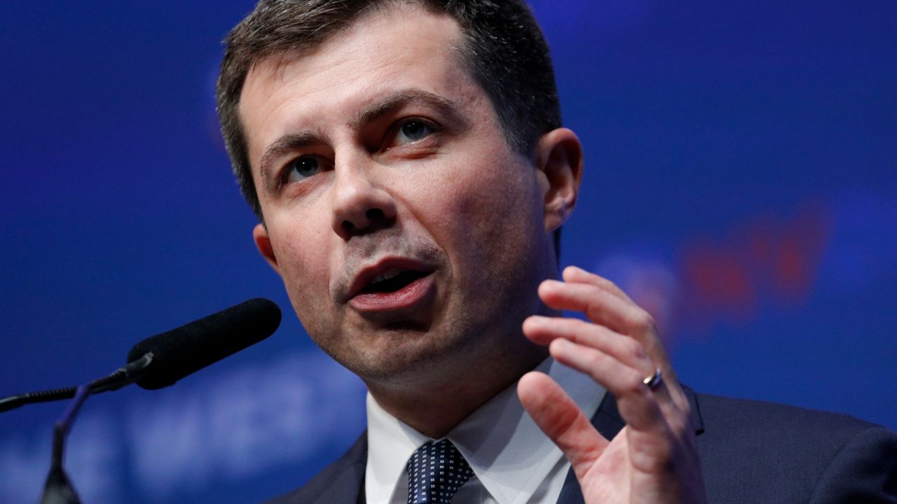 U.S. Secretary of Transportation Pete Buttigieg speaks during a fundraiser for the Nevada Democratic Party, Sunday, Nov. 17, 2019, in Las Vegas. (AP Photo/John Locher)