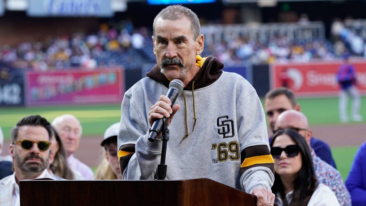 Padres owner Peter Seidler speaks during induction ceremonies for the Padres Hall of Fame before a baseball game against the Texas Rangers, July 28, 2023, in San Diego. (AP Photo/Gregory Bull)