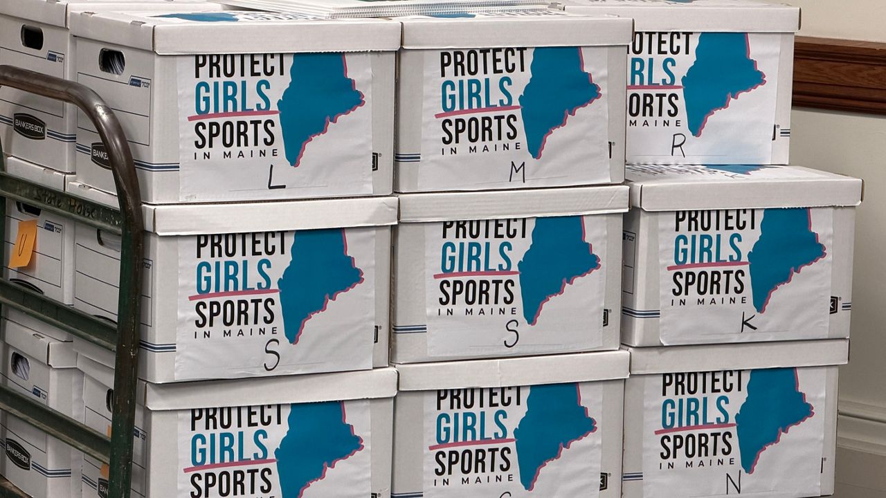 Petitioners turned in dozens of boxes of signatures on Monday to call for a public vote on the transgender athlete issue. (Spectrum News/Susan Cover)