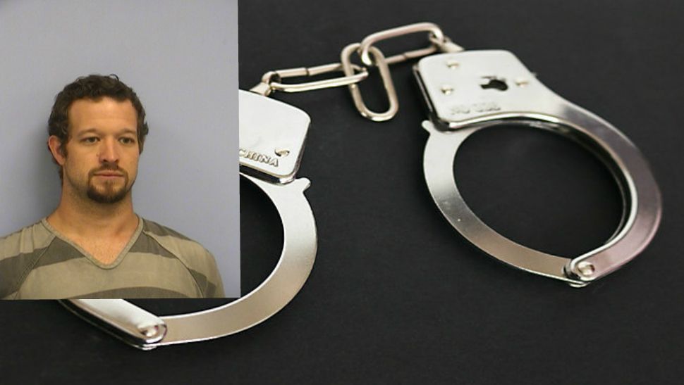 Mugshot for  Cameron Michael Kretsinger atop a picture of handcuffs (Spectrum News/File)