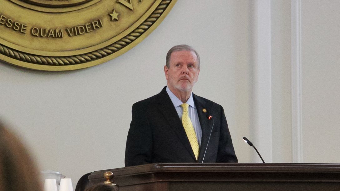 Republican N.C. Senate leader Phil Berger presides over a debate about the proposed state budget Thursday, Sept. 21, 2023, on the Senate floor in Raleigh, N.C. (AP Photo/Hannah Schoenbaum)