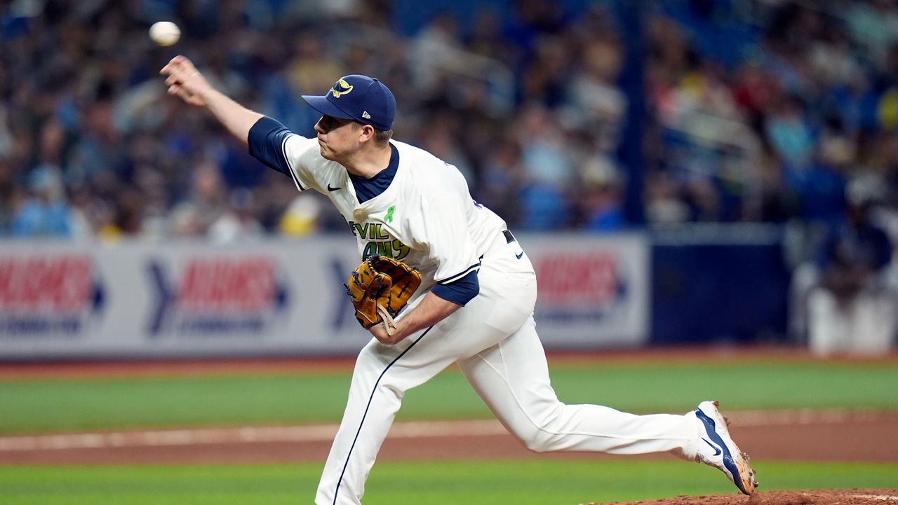 FILE - Tampa Bay Rays relief pitcher Phil Maton against the Kansas City Royals during the eighth inning of a baseball game Friday, May 24, 2024, in St. Petersburg, Fla. Seeking help for a struggling and depleted bullpen, the New York Mets acquired reliever Phil Maton from the Tampa Bay Rays, Tuesday, July 9, 2024, for a player to be named or cash. (AP Photo/Chris O'Meara, File)