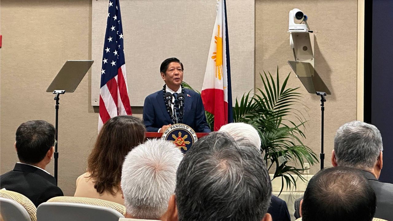 Philippines President Ferdinand Marcos Jr. speaks at the Daniel K. Inouye Asia-Pacific Center for Security Studies in Honolulu on Sunday. (AP Photo/Audrey McAvoy)