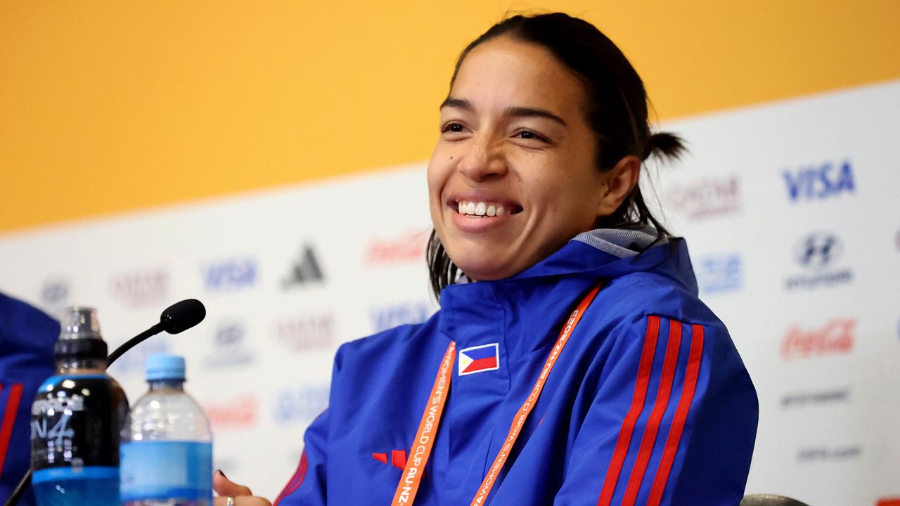 Hali Long speaks at a press conference before the Philippines soccer match against Switzerland at the Women's World Cup in Dunedin, New Zealand, Thursday, July 20, 2023. For a nation more than 7,000 miles from the United States, the Philippines boasts a women's national soccer team with a decidedly American feel. Of the 23 names on its Women's World Cup roster, 18 belong to U.S.-born women. (AP Photo/Matthew Gelhard)