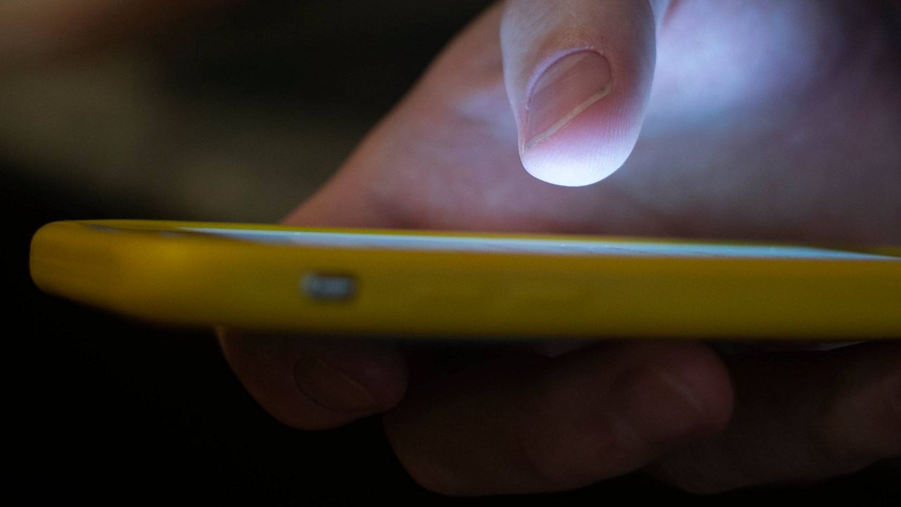 A man uses a cell phone in New Orleans, Aug. 11, 2019. (AP Photo/Jenny Kane, File)