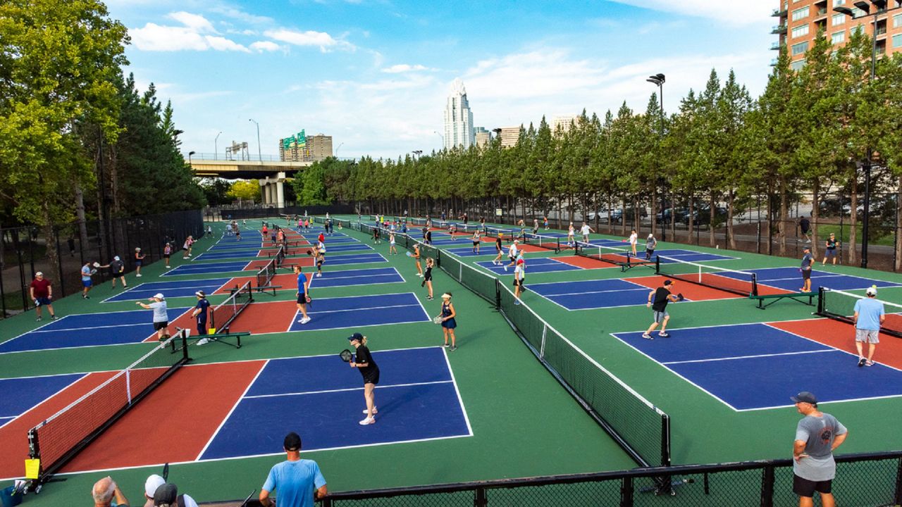 Pickleball players fill all 18 open courts at the new courts at Sawyer Point. (Photo courtesy of Gary Lessis)