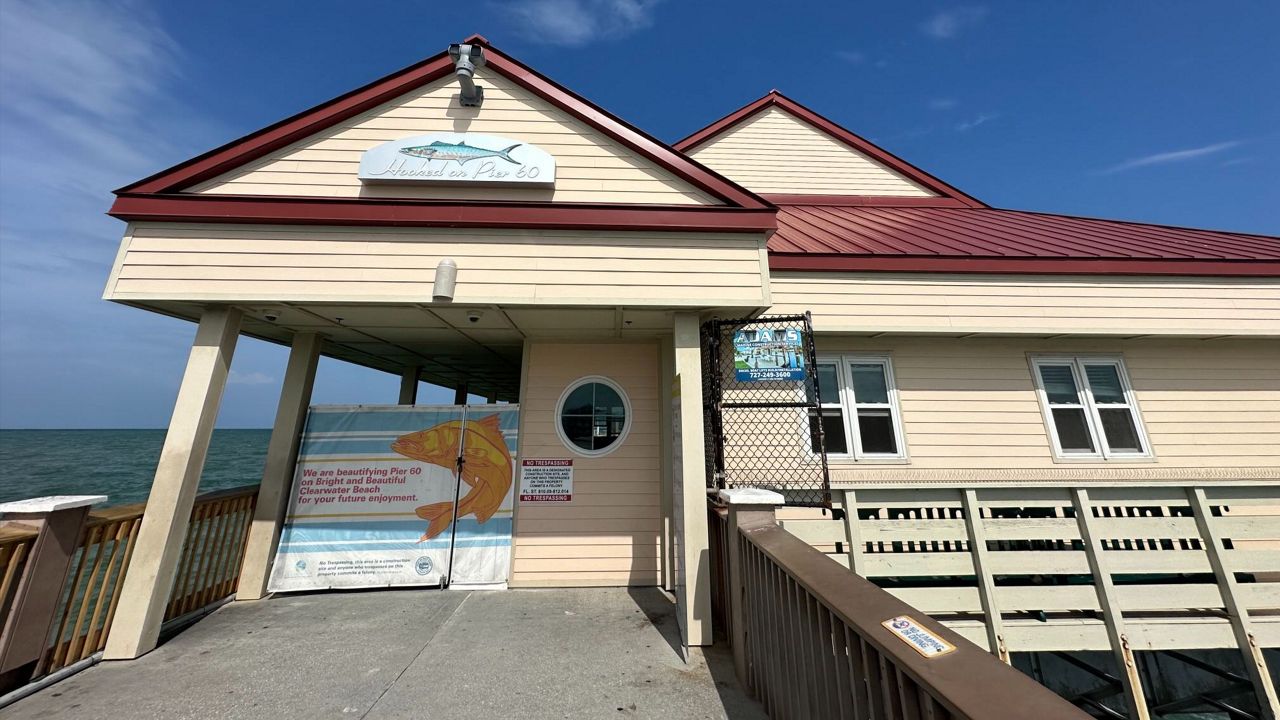 Pier 60 in Clearwater Beach has been closed from the bait shop and beyond since Hurricane Helene hit in September 2024. (Spectrum News/Angie Angers)