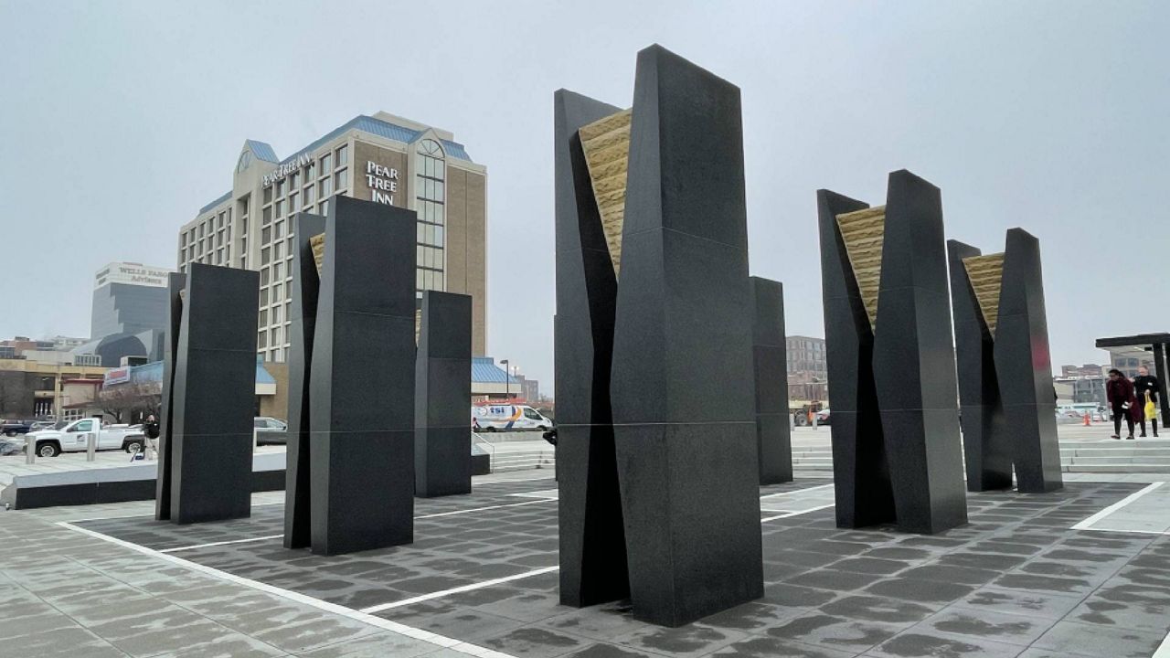 The "Pillars of the Valley" is an art installation outside CITYPARK in the Downtown West neighborhood which memorializes the former Mill Creek Valley neighborhood that was demolished in the 1950s as part of an urban renewal project. Part of the Mill Creek Valley footprint includes CITYPARK, home to St. Louis City SC. (Spectrum News/Gregg Palermo)