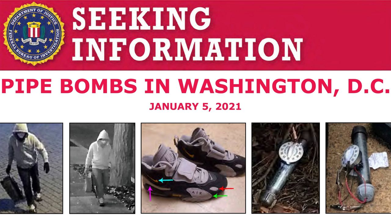 This image shows part of a "Seeking Information" notice released by the Federal Bureau of Investigation regarding pipe bombs planted outside offices of the Democratic and Republican national committees in Washington on Jan. 5, 2021, on the eve of the attack on the Capitol. (FBI via AP)