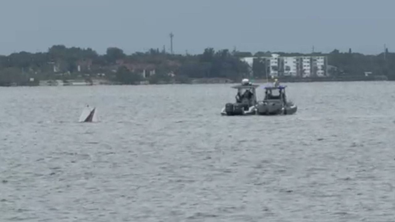 The tail of a Piper PA-23 is visible in the Indian River south of Melbourne Beach after the plane went down Wednesday afternoon. (Spectrum News/Greg Pallone)