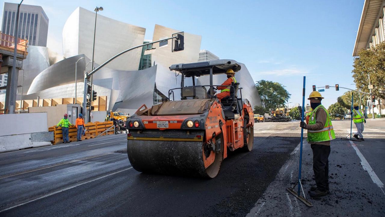 A stretch of 1st Street in downtown Los Angeles being repaved with recycled plastic asphalt. (Photo: L.A. Department of Public Works) 