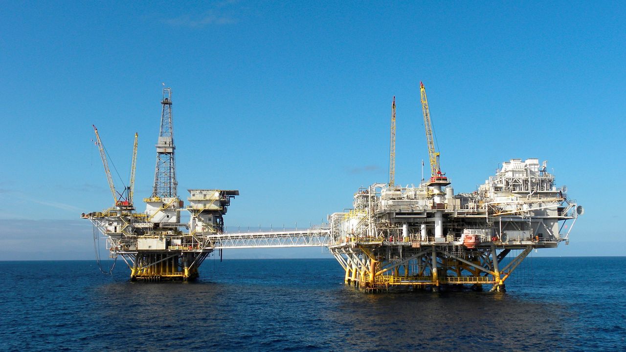 In this Oct. 22, 2012, file photo provided by the federal Bureau of Safety and Environmental Enforcement, the platforms Ellen and Elly stand offshore near Long Beach, Calif., in the BSEE's Pacific Region. (Bureau of Safety and Environmental Enforcement via AP, File)