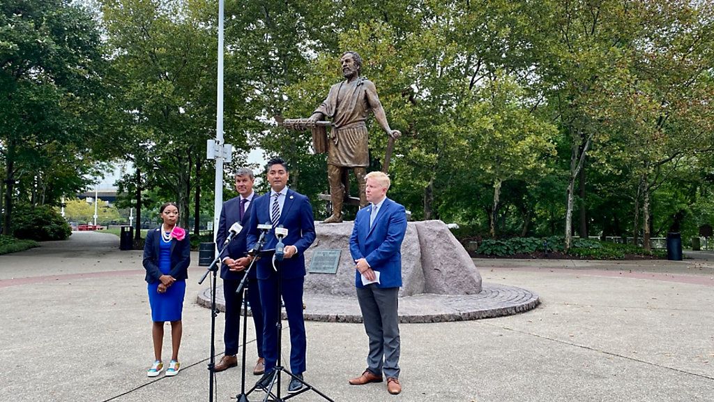 Mayor Aftab Pureval (speaking) stands with three members of Cincinnati City Council on Tuesday,  Sept.6, to announce plans for a charter amendment to get rid of the so-called "pocket veto." (Casey Weldon/Spectrum News 1)