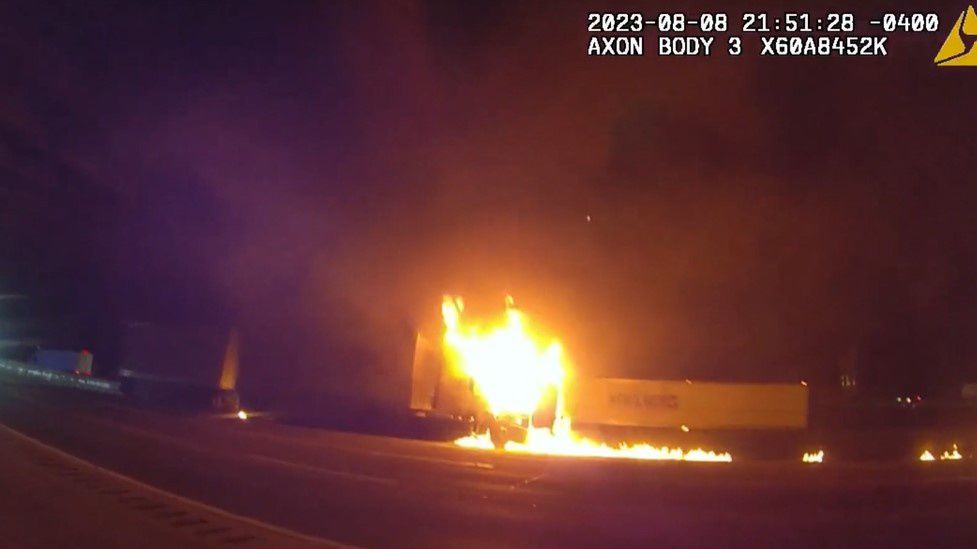 The Salisbury Police Department released the body camera video Wednesday showing an officer rescuing a man from a burning truck on Interstate 85.