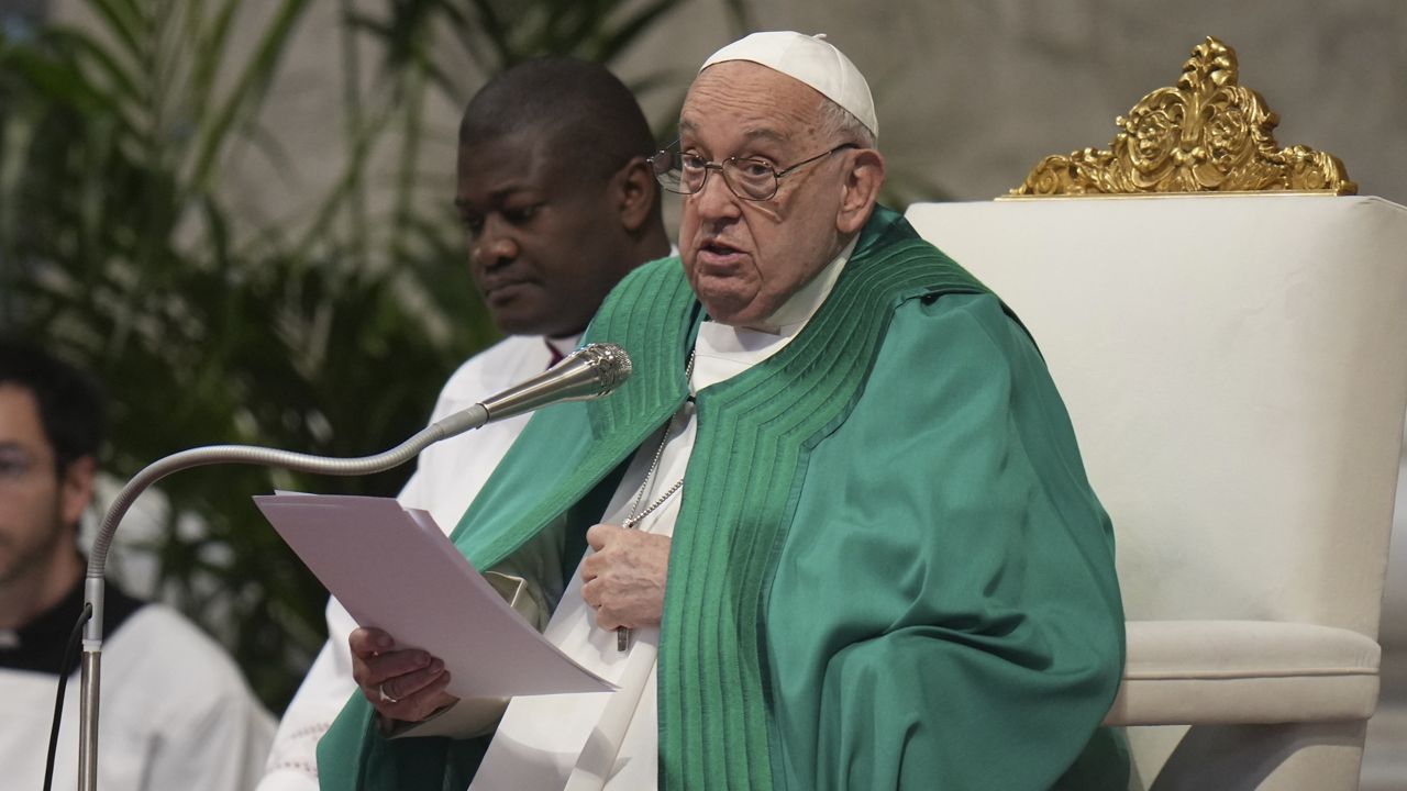 Pope Francis delivers his speech during a mass on the occasion of the World Day of the Poor in St. Peter's Basilica, at the Vatican, Sunday, Nov. 17, 2024. (AP Photo/Alessandra Tarantino)