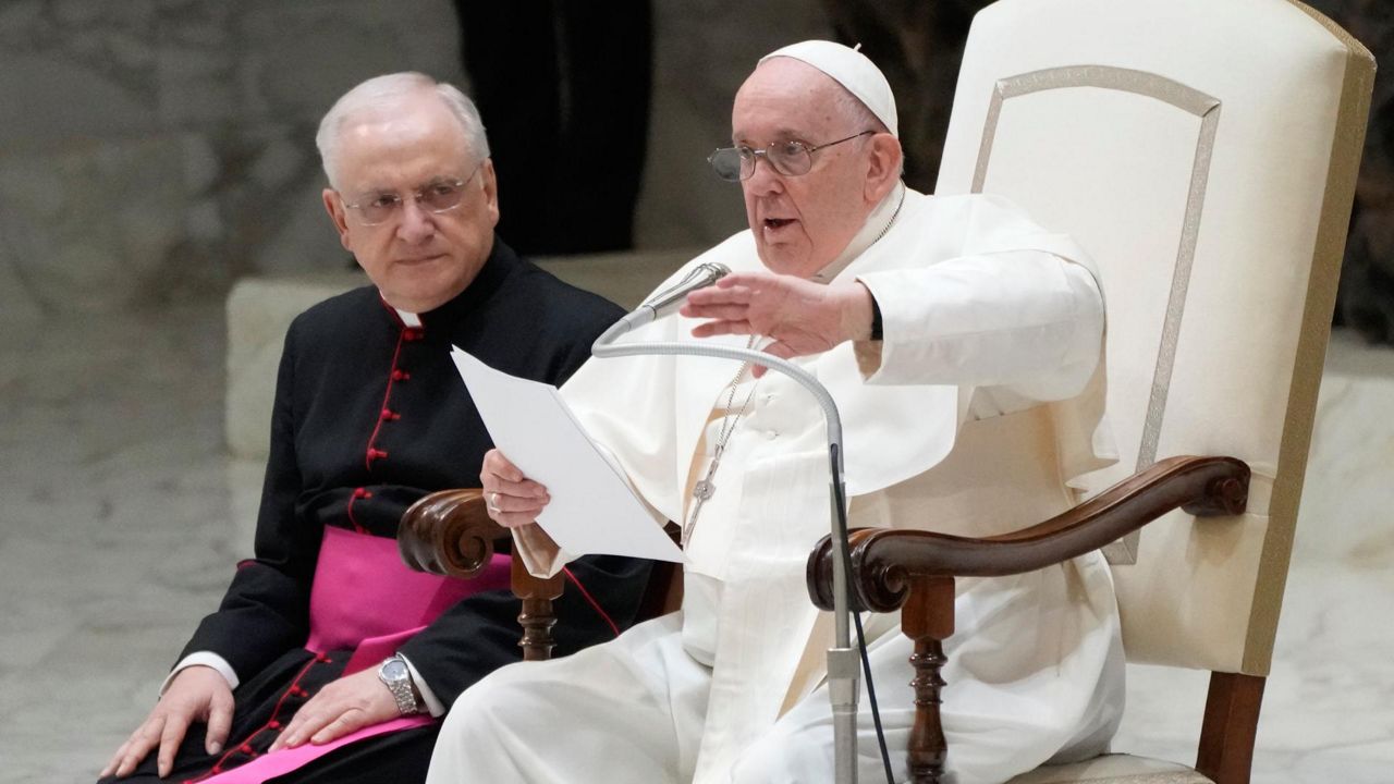 Pope Francis delivers his speech during an audience with pilgrims from Rho diocese, in the Paul VI Hall, at the Vatican, Saturday, March 25, 2023. (AP Photo/Alessandra Tarantino)