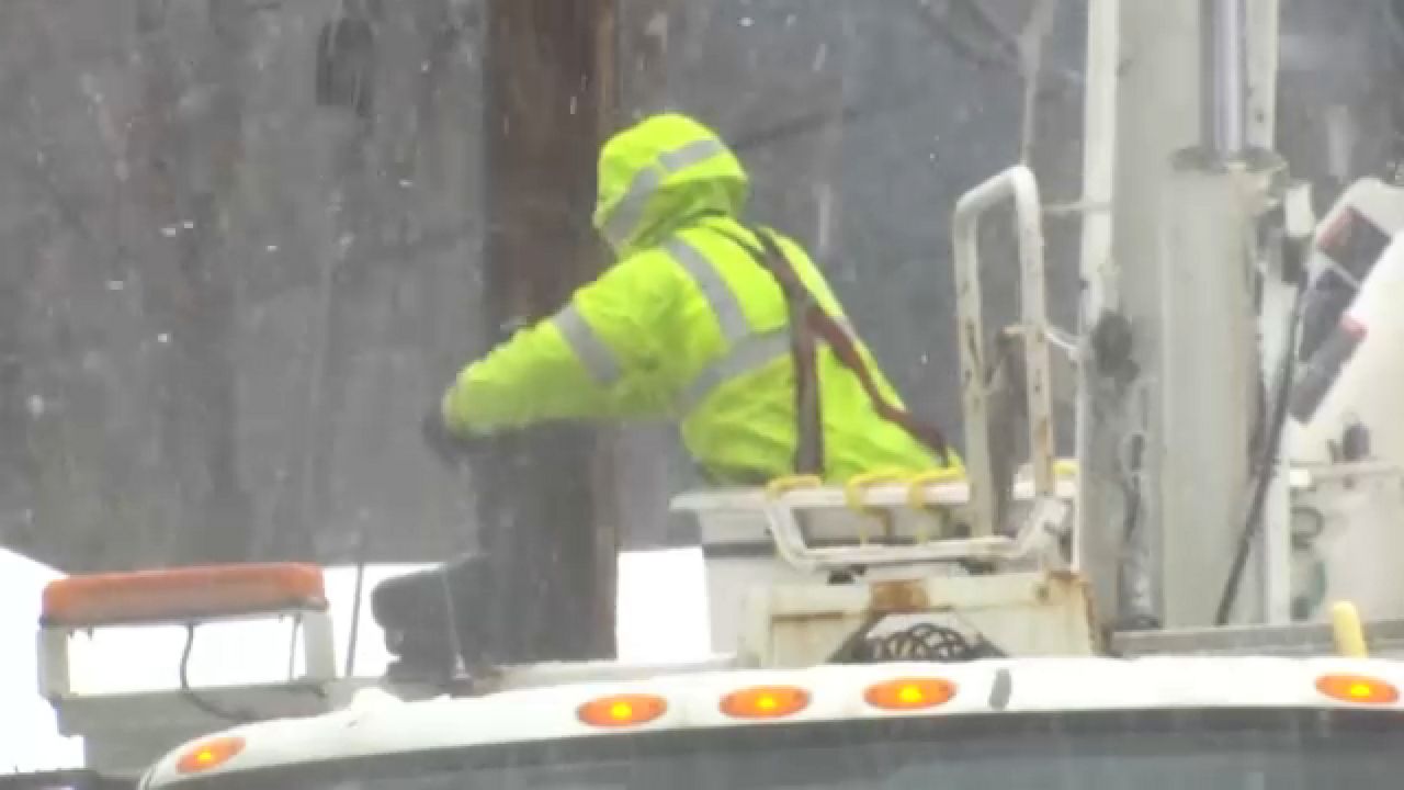 A worker performs maintenance on a power line. (Spectrum News 1)