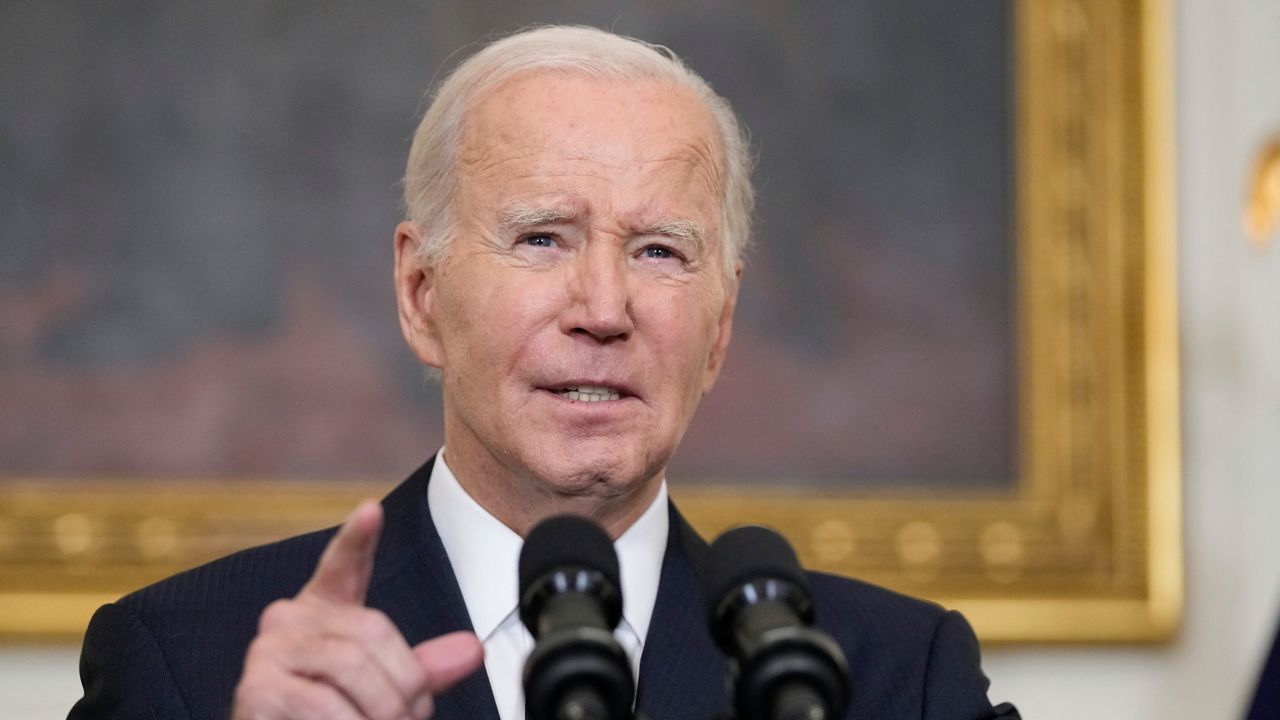 President Joe Biden speaks in the State Dining Room of the White House, Saturday, Oct. 7, 2023, in Washington. (AP Photo/Manuel Balce Ceneta)