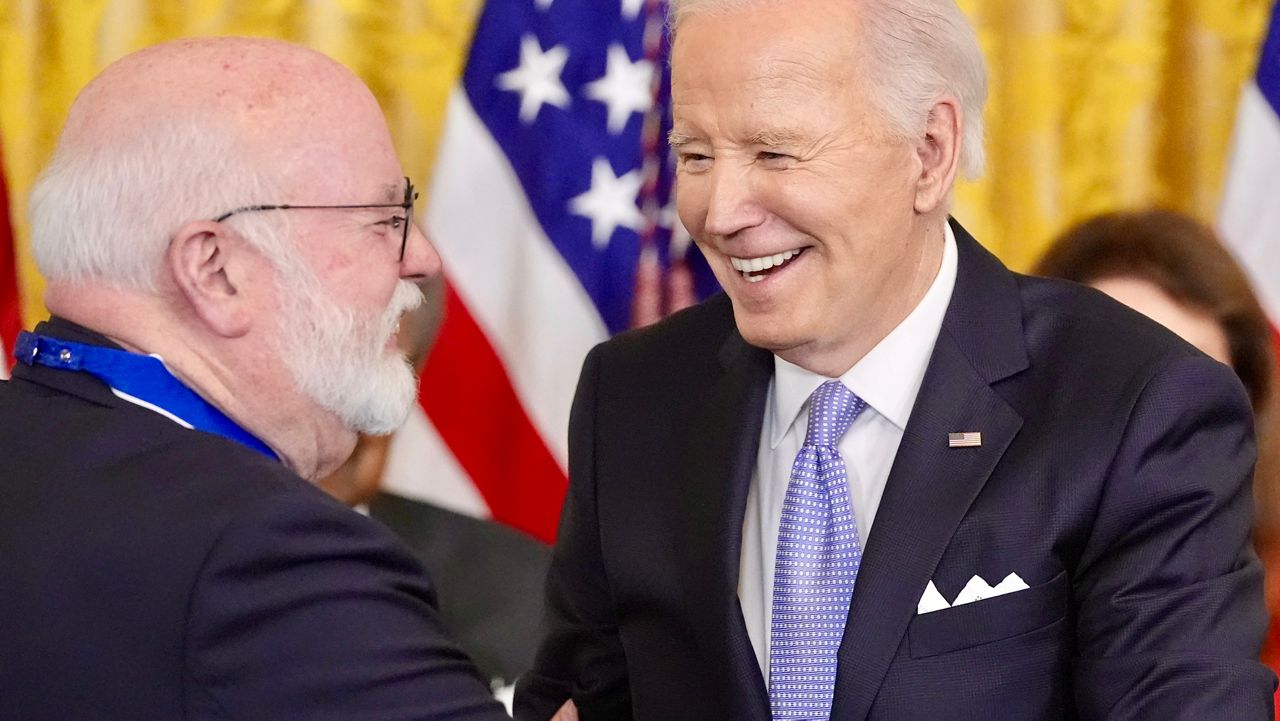 President Joe Biden awards the nation's highest civilian honor, the Presidential Medal of Freedom, to Father Gregory J. Boyle during a ceremony in the East Room of the White House, Friday, May 3, 2024, in Washington. (AP Photo/Alex Brandon)