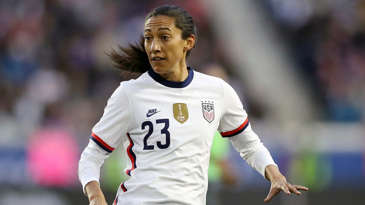  In this March 8, 2020, file photo, United States forward Christen Press (23) looks for a pass during the second half of a SheBelieves Cup soccer match against Spain, in Harrison, N.J. (AP Photo/Steve Luciano, File)