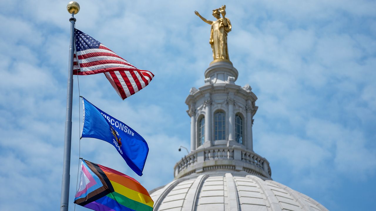 The Pride Flag flies at the Wisconsin State Capitol, Thursday, June 1, 2023, in Madison, Wis. 