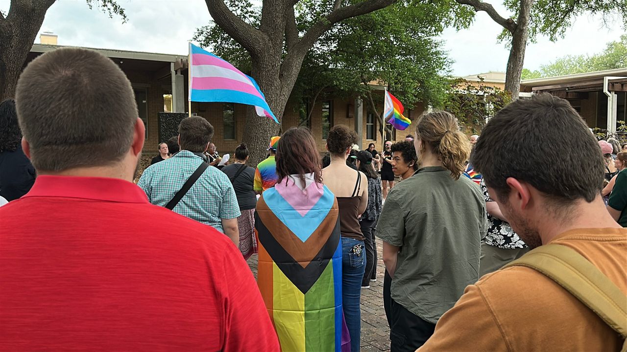 Denton residents gathered outside City Hall to protest the mayor's decision to not proclaim Pride Month for the month of June. (Spectrum News 1/Michael Lozano)