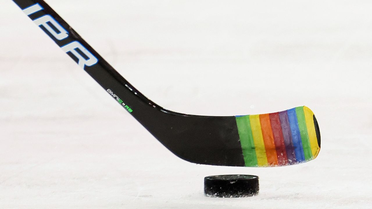 Zac Jones of the New York Rangers skates with a stick decorated for "Pride Night" prior to a game against the Washington Capitals on Monday, May 3, 2021 in New York City.