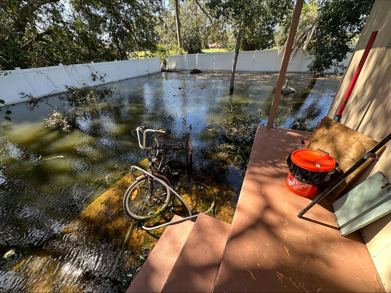 Carlos Angelucci backyard over a week after Hurricane Milton. (Spectrum News/Fallon Silcox)