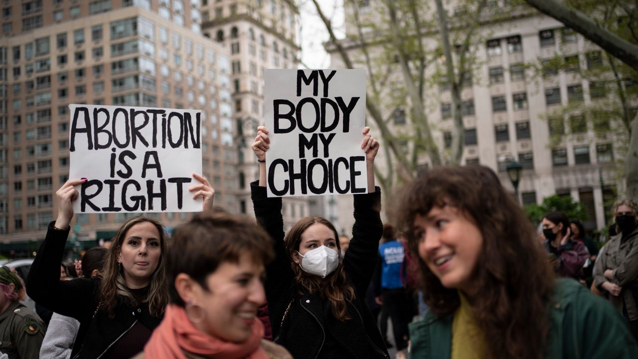 Demonstrators rally in support of abortion rights at a park in lower Manhattan, Tuesday, May 3, 2022, in New York.
