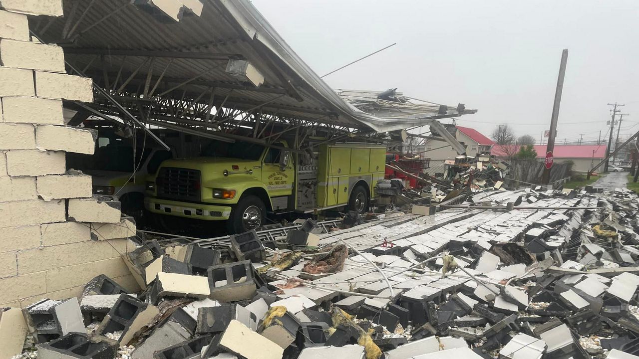 Strong storms damaged Proctorville's fire station Tuesday morning. (Photo courtesy of Bill Elliott))