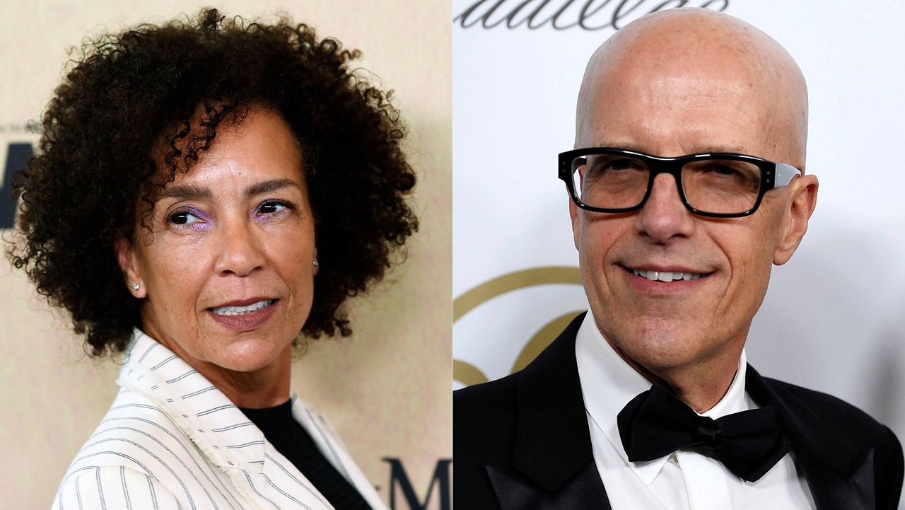 Stephanie Allain arrives at the Women in Film Annual Gala at the Beverly Hilton Hotel in Beverly Hills, Calif., on June 12, 2019, left, and Donald De Line appears at the Producers Guild Awards in Beverly Hills, Calif., on Jan. 19, 2019. (AP Photo)