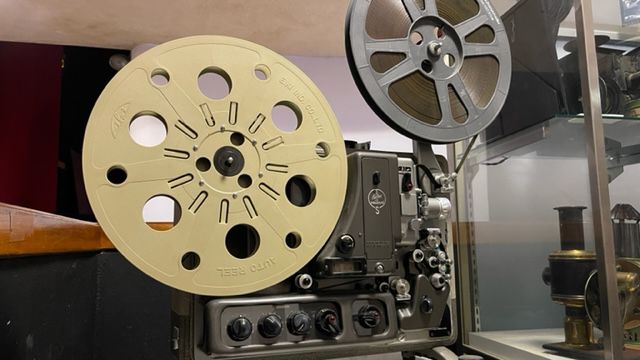 Vintage movie equipment on display inside Seguin theater