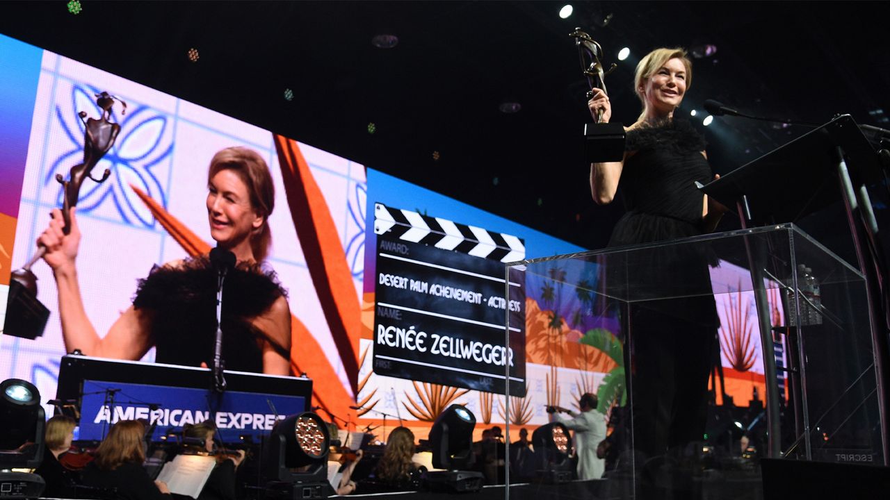 Renee Zellweger accepts the Desert Palm Achievement actress award for her role in "Judy" at the 31st annual Palm Springs International Film Festival Awards Gala on Thursday, Jan. 2, 2020, in Palm Springs, Calif. (AP Photo/Chris Pizzello)